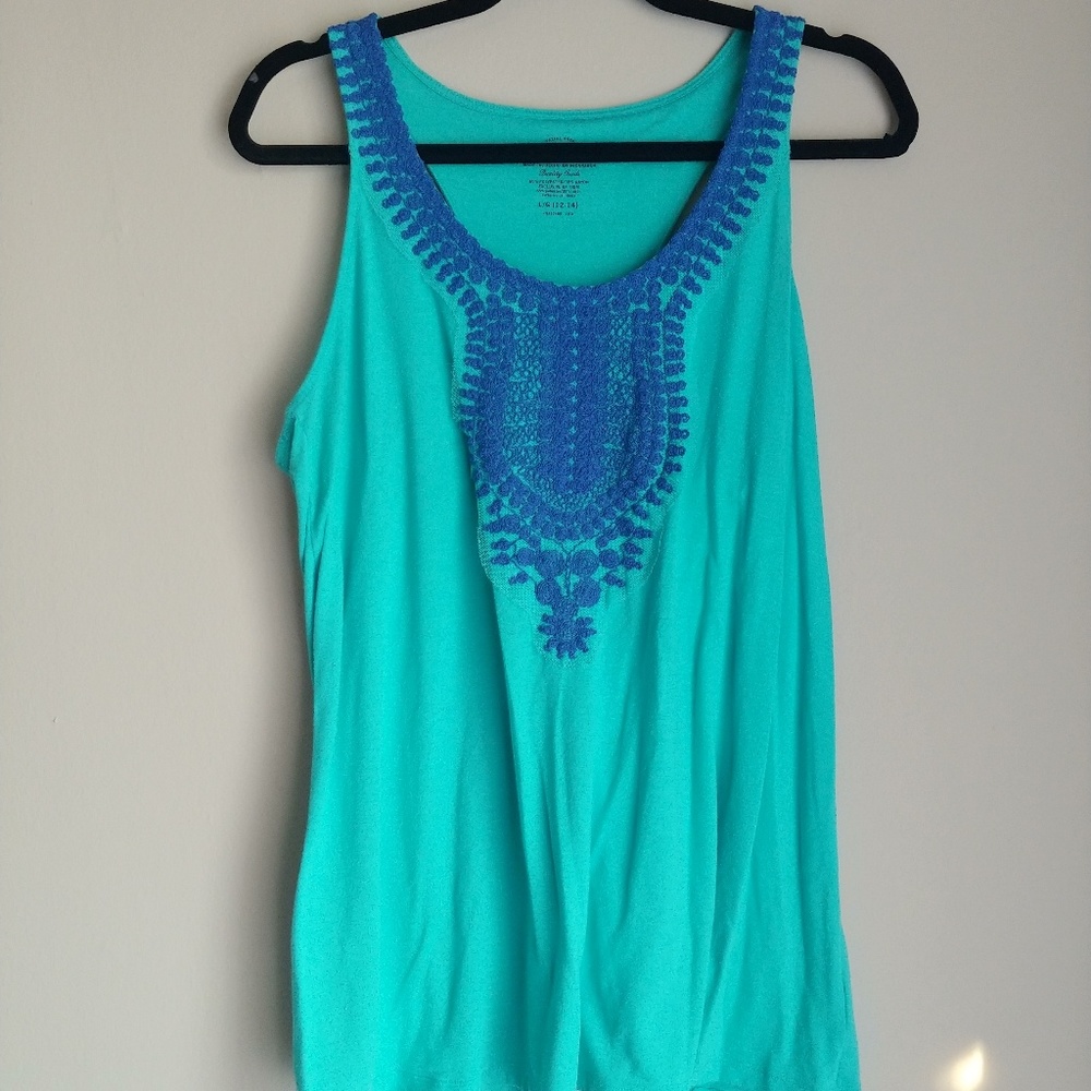 Teal tank tank top with blue embroidery